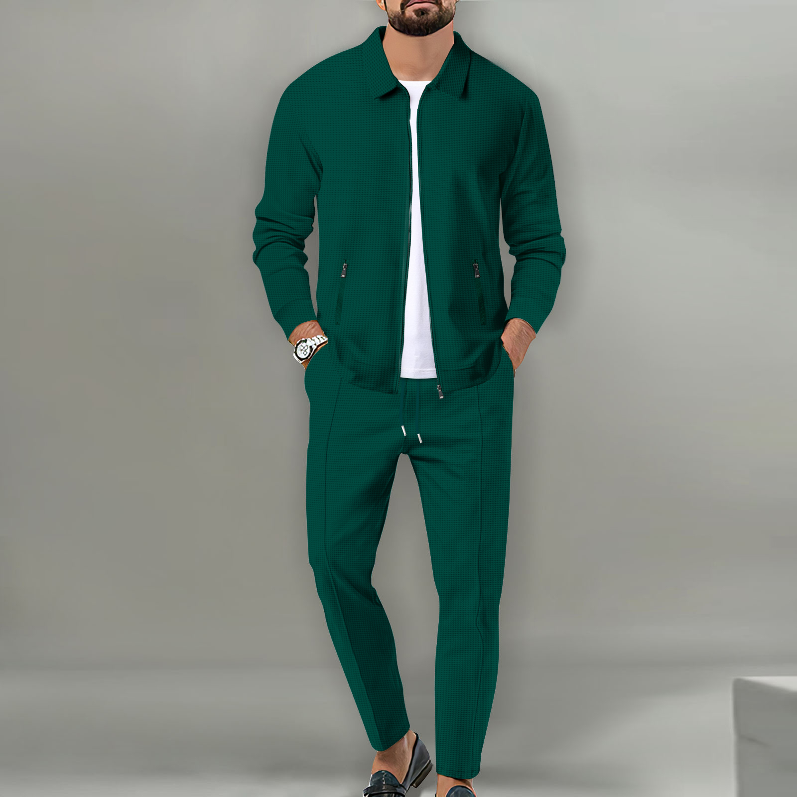 Chaqueta ajustada con bolsillo de cremallera para hombre, ropa deportiva de manga larga, conjunto de chaqueta de cárdigan, pantalones largos, , conjunto de dos piezas: XXXL / Verde