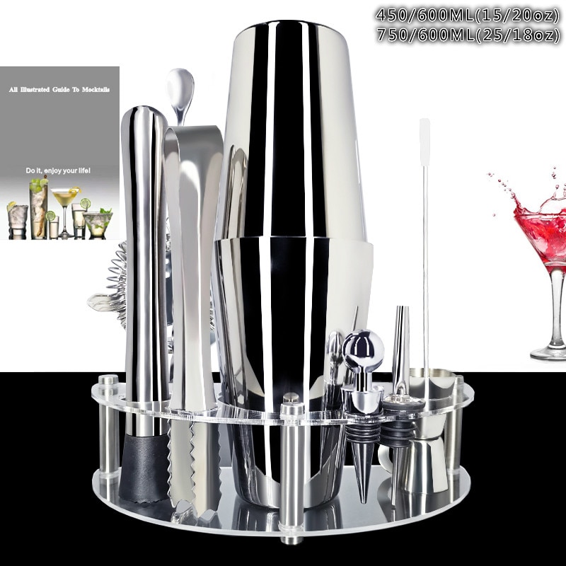 Stainless Steel Martini Shaker with Stand + Drink Recipe 450/600/750ml Cocktail Shaker Set 1-12 Pieces Barware Kit