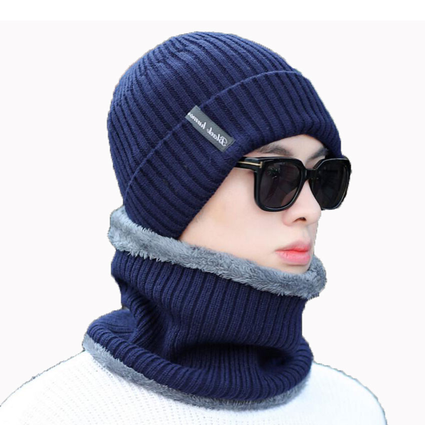 Frauen Mützen Hüte Schal einstellen Winter Hüte Für Männer Frauen Warme Wolle Rippen Gestrickte Kappe Und Schals Anzug Männlich Schwarz motorhaube Skullies