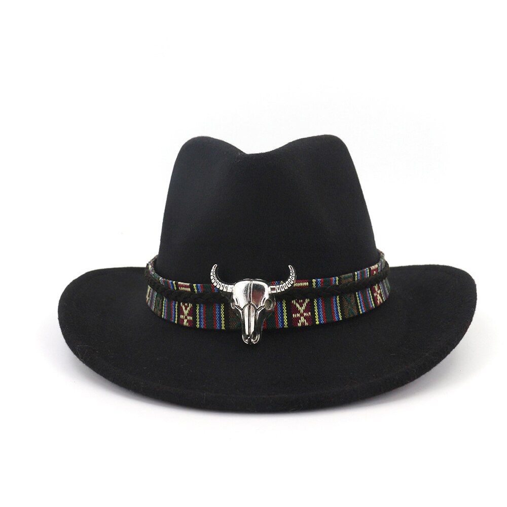 Chapéu de vaqueiro ocidental, chapéu de cowboy da moda, com cabeça de vaca, aba larga, chapéu de lã pop jazz, chapéu de inverno, tamanho 56-58cm: Black