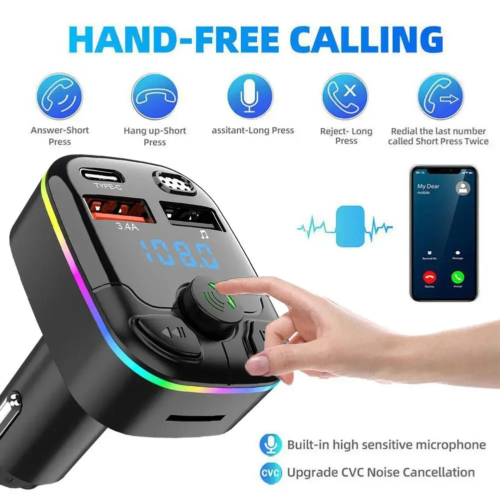 Auto Bluetooth 5.0 FM Absender 12/24V Freisprecheinrichtung Dual USB Umgebungslicht TF Karte MP3 Spieler Typ-C PD20W QC3.0 3,4A Schnellladegerät