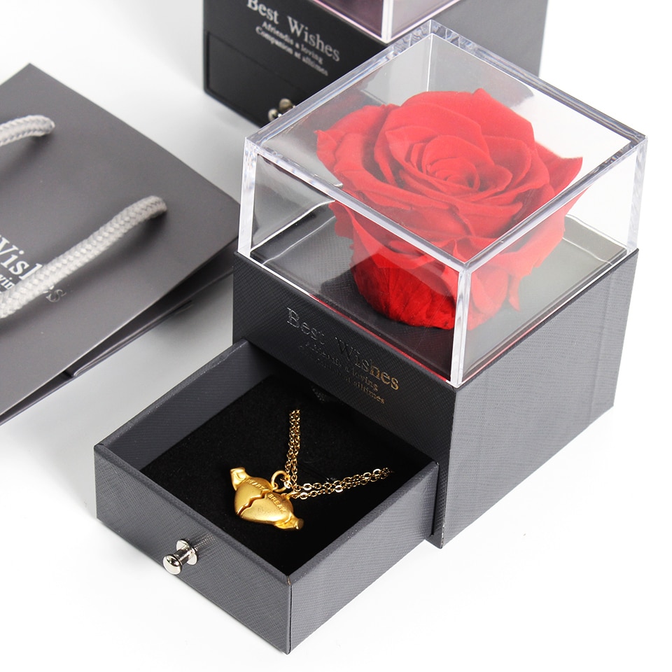 Preserved Real Rose Jewelry Box with Necklace Holder Immortal Flowers Forever Blossom Wedding Birthday Set for Women