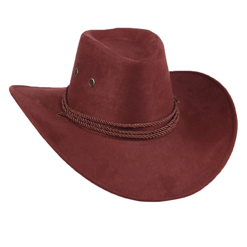 Vestlig cowboy cowgirl hat helt stil retro sort brun rød imiteret læder mænd kvinder ridning cap bred skygge 58cm: Mørkebrun