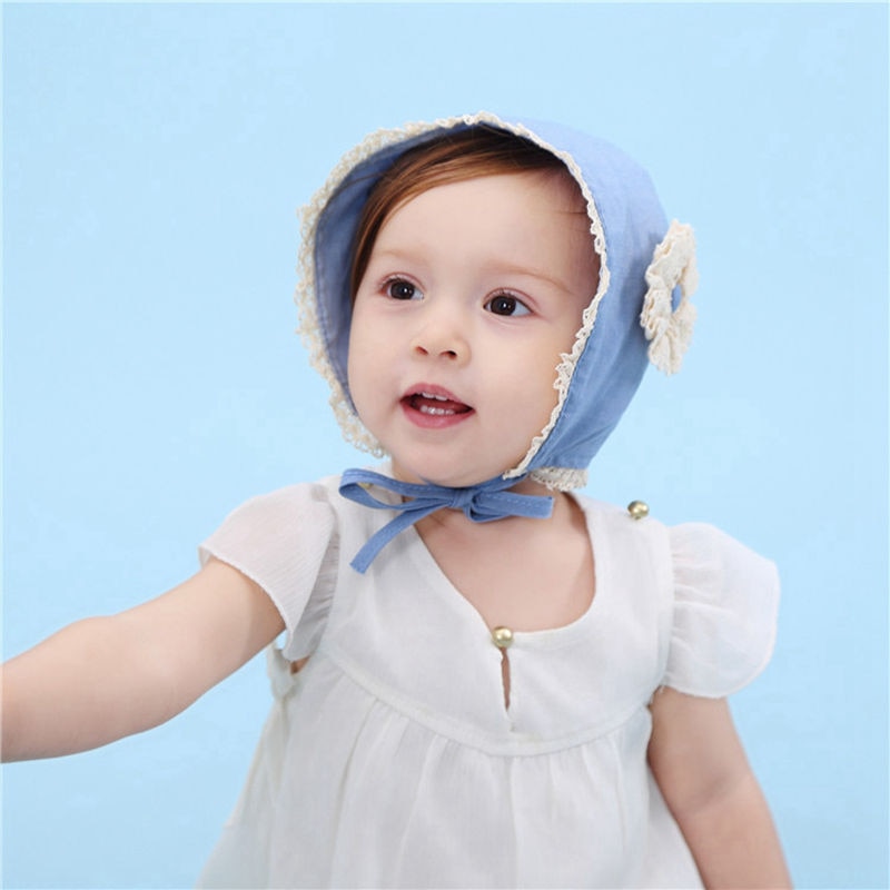 Bnaturalwell Baby Bonnet Chambray Sewing Pattern Toddler Blue Denim Bonnet Baby girl Sun Hat with flower Toddler Spring Hat H056