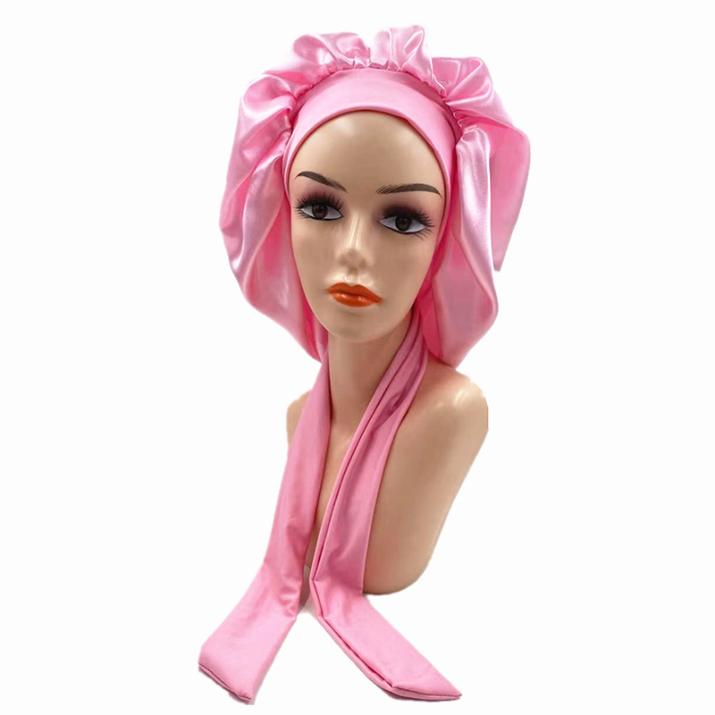 Women Night Sleep Cap Satin Solid Sleeping Hat Hair Care Bonnet Nightcap Unisex Head Cover Caps Shower Turban Wide Elastic Band: Pink