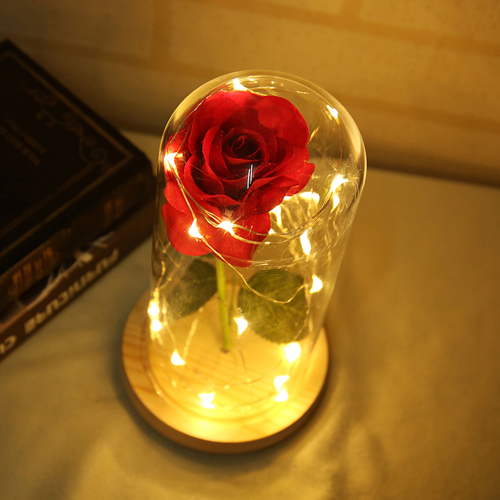 Bloem Rode Roos In Glas Dome Houten Base Led Rose Lampen Woondecoratie Accessoires Kunstbloem Valentijnsdag