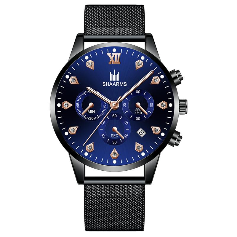 SHAARMS Men's Wristwatch Blue DialCasual Quartz Watch Stainless Steel Mesh Band Watch Date Clock Reloj Hombre: Blue Rose Gold