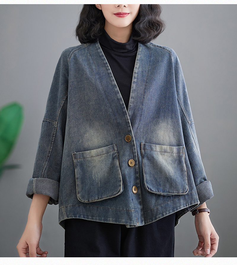 Denim oversized forårsfrakke kvinder afslappet løs plisseret dame cropped jakker langærmet v-hals damejakker frakker: Xxl