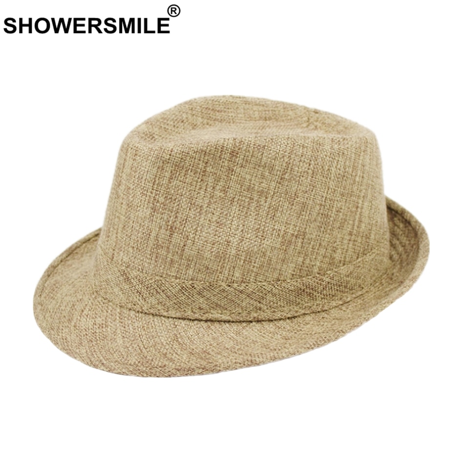 SHOWERSMILE-chapeaux Fedora pour hommes, casquette de plage d&#39;extérieur uni en lin uni, kaki, Style britannique, pour le printemps et l&#39;été