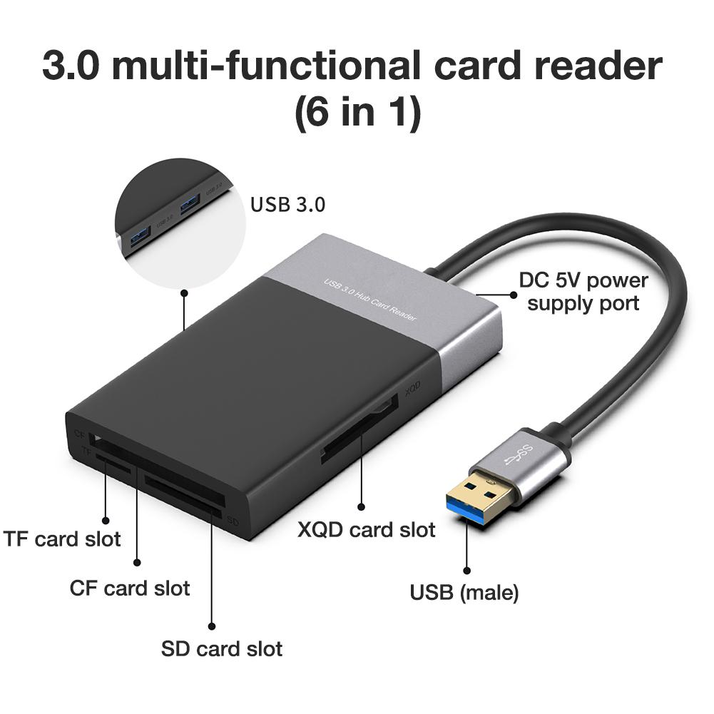 6 In 1 Multi Memory Card Reader Abs Aluminium Legering Shell Pvc Draad Reader Usb 3.0 2 Port Hub Hoge speed Adapter Voor Xqd Cf Sd Tf