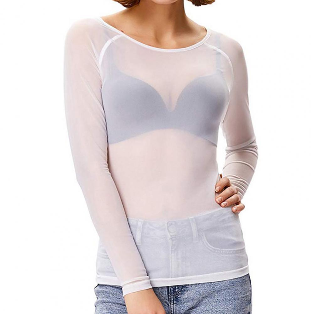 Transparent mesh-bluse til kvinder, langærmet, sexet, gennemsigtig, stretchgarn-bluse med mesh-bund, sol-t-shirt: M / Rød