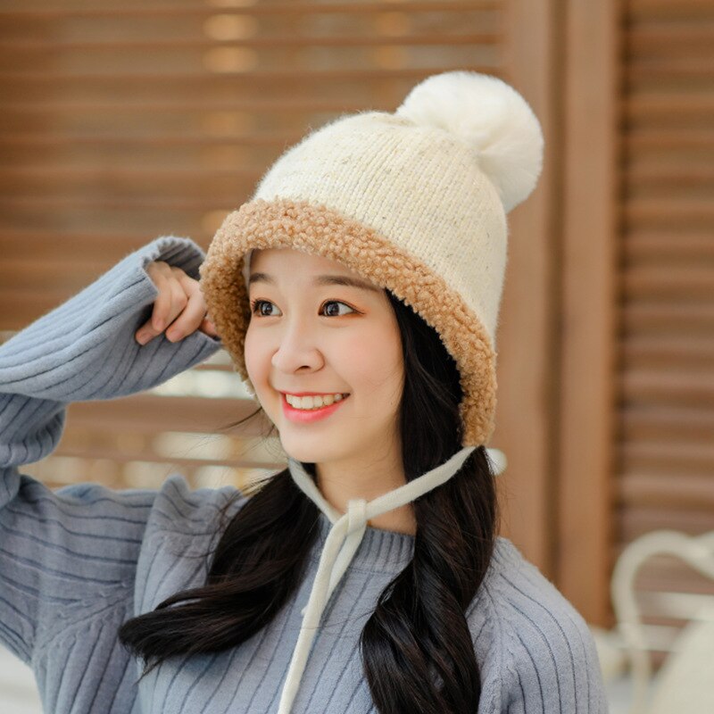 Lamb wool hats women's knitted fleece-lined caps winter bomber hats with velvet thickness warm hats cold-proof caps for girls