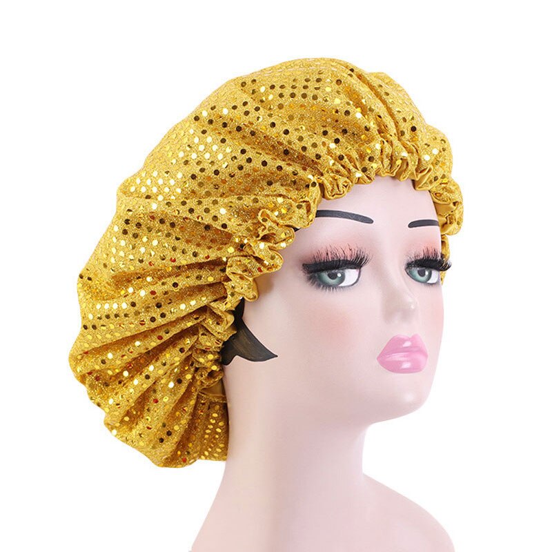 Grand Bonnet en Satin doublé pour femmes, grande taille, paillettes, soie, pour dormir la nuit, couvre-tête,: YELLOW