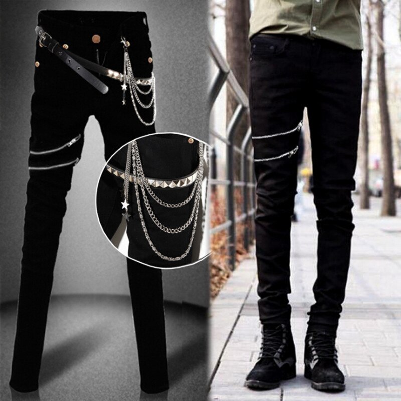 Mens Punk hip hop Black Jeans Lap Hip Rivet Slim Fit Biker Denim Pants Boys Singer Stage Ripped Skinny Jeans With Belts &amp; Chains: asian size 402 / M