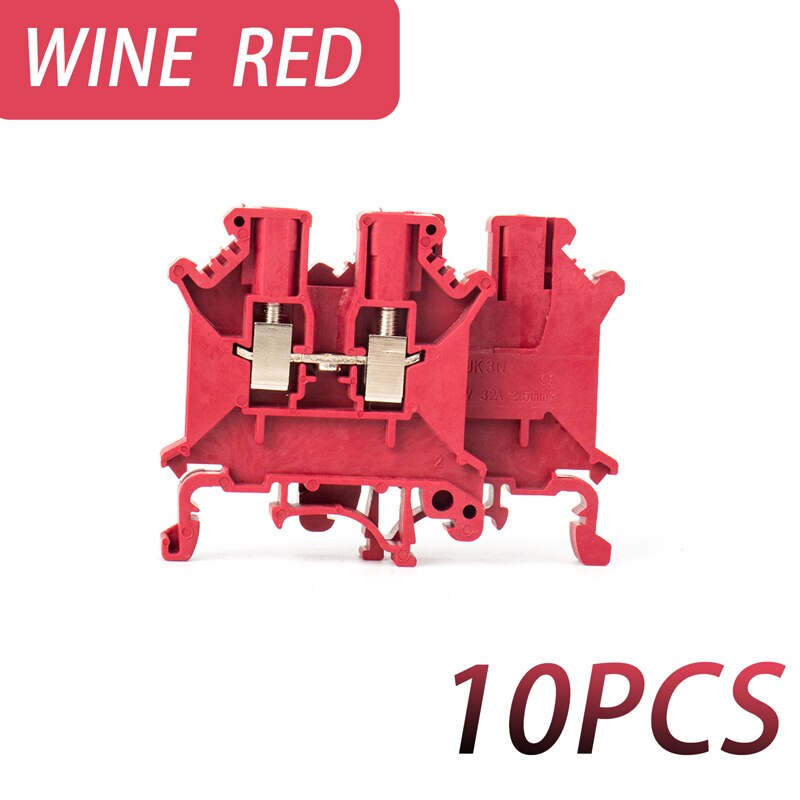 10Pcs Din Rail Terminal Block UK-5N Connductor Universal Class Screw Wire Connector Strips Disassemble assembly: Wine  red-10PCS
