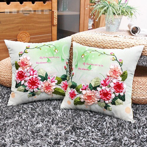 2 PCS/SET DIY Ribbon Embroidery Cushion Set Flower Print Pillow Case Cushion Fabric Handcraft Handmade Needlework Home Decor: Default Title