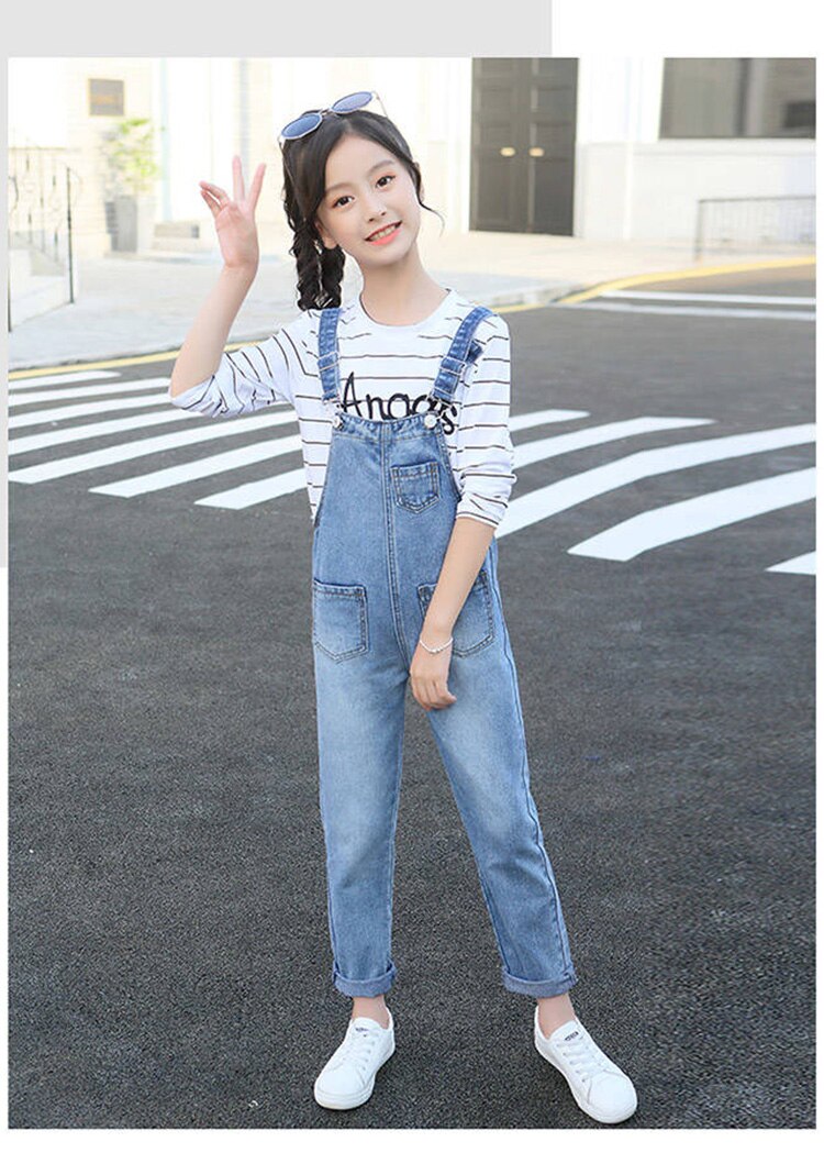 Kids Teens Girls Denim Long Jumpsuit Overalls Playsuit For Girls School Jeans Jumpsuits Romper Clothes Outfits 14 Years: blue / 14T