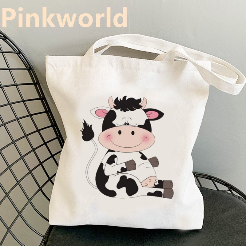Tas Kawaii Koe Cartoon Grappige Leuke Print Canvas Cool Shopper Bag Shopper Zwart Wit Vrouwen Shopper Schoudertassen Tote tas