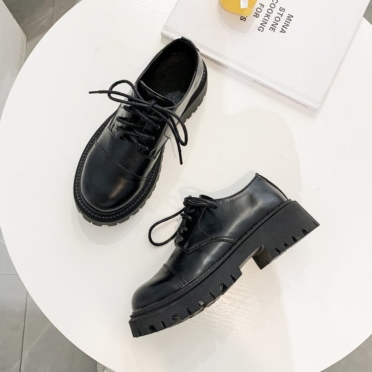 Oxford – chaussures classiques à semelle ronde pour femmes, Brogue noires, plates à lacets, décontractées, à semelle épaisse en Pu, printemps