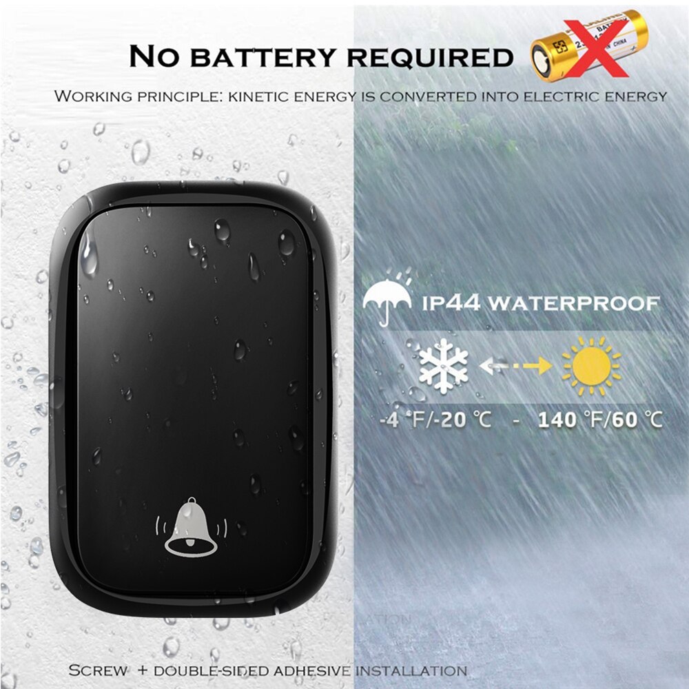 WEMEDA No Battery Wireless Doorbell Self-powered Waterproof Home Call Ring Bell 2 Button 4 Receiver 60 Chimes 5 Volume 0-110DB
