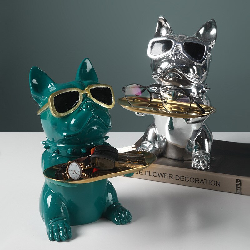 Escultura de Bulldog Francés nórdico, estatua de perro, llave, joyería, almacenamiento, decoración de mesa, con vasos de plata