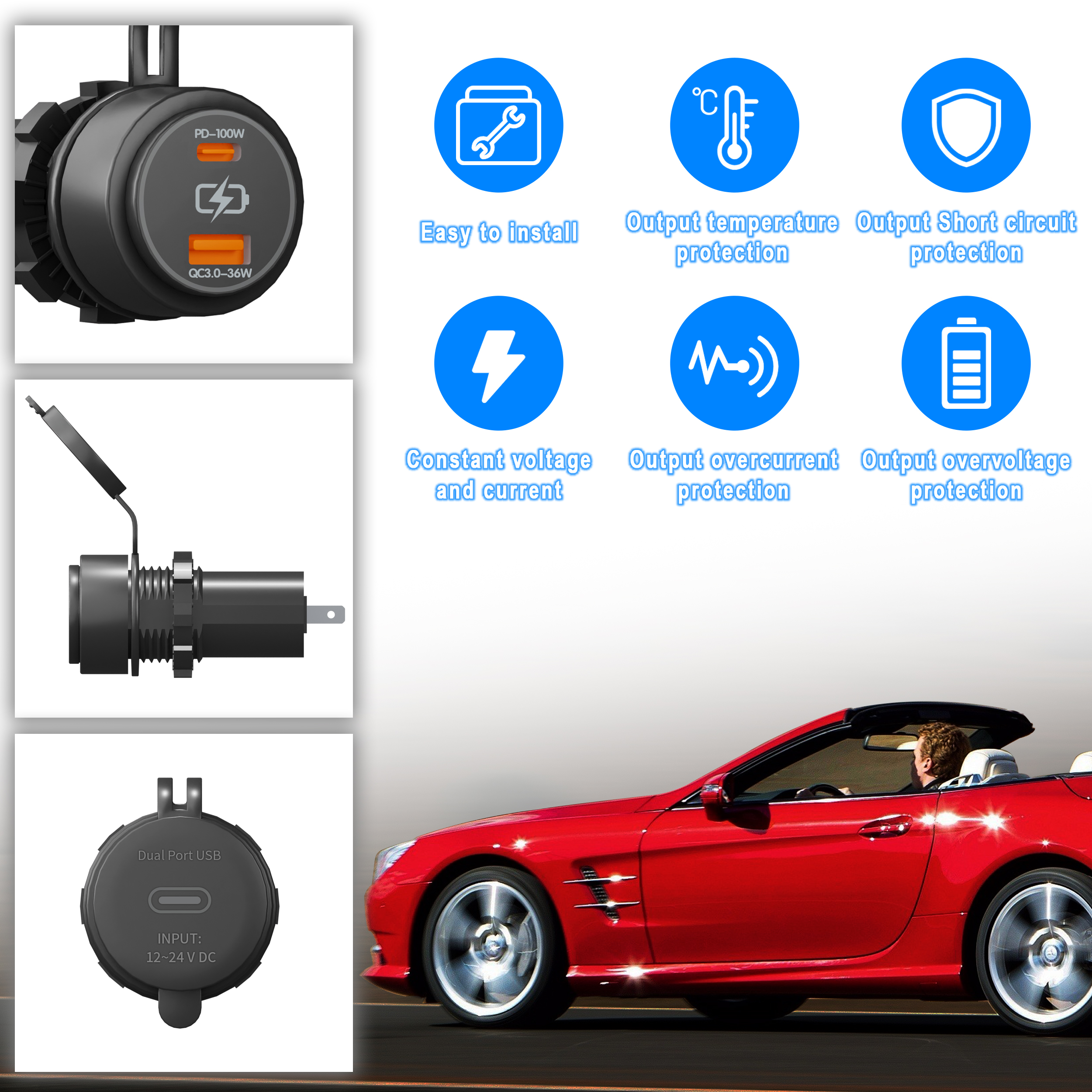 PD 100W snellader en QC 3.0 snelle voeding met blauwe LED dubbele USB autoladeradapter voor auto marine vrachtwagen camper waterdicht