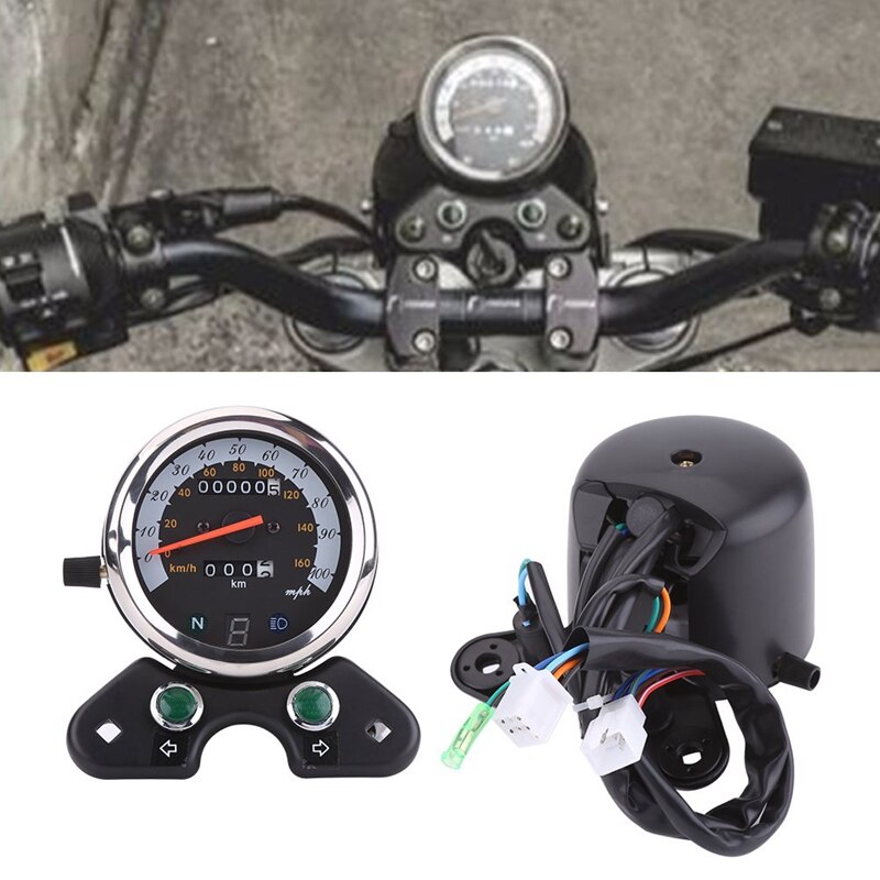 Universal Motorcycle Dual Speeeter Met Kabel, Snelheid Pointer, Kilometerstand Gear Koplamp Display, Richtingaanwijzer