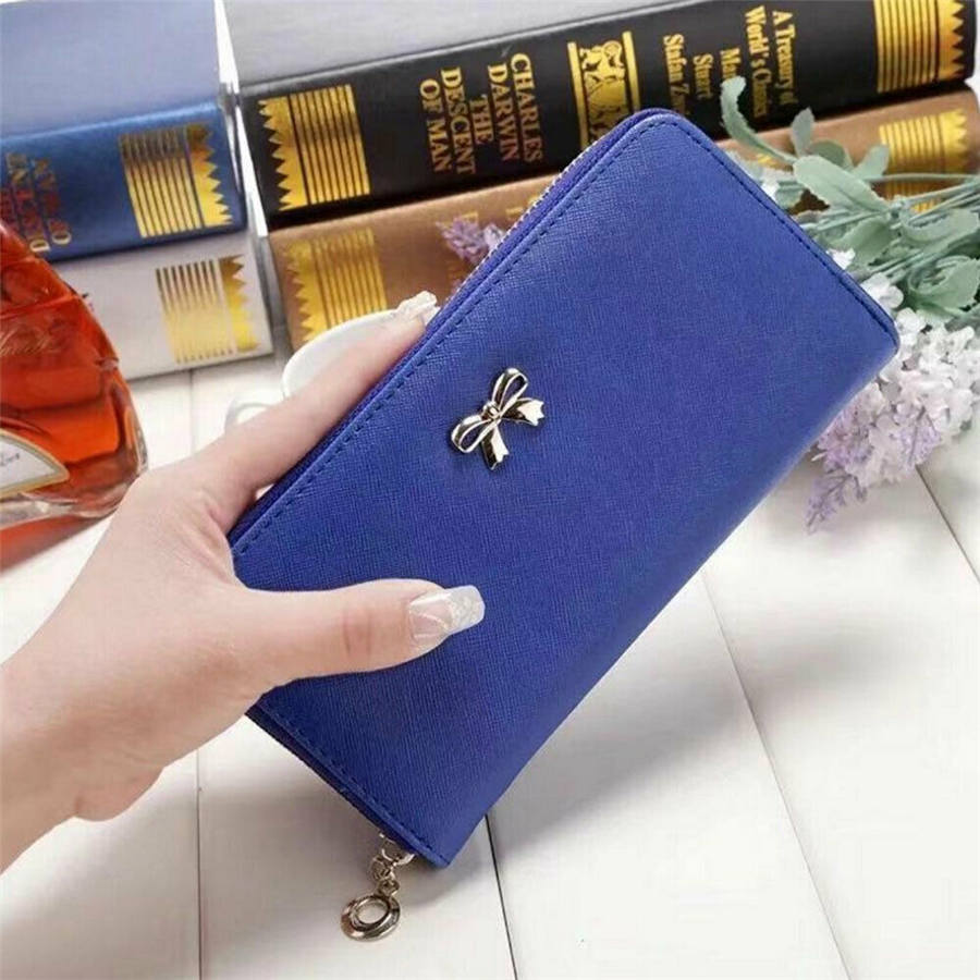 Cuero billeteras de PU de lujo para mujer, Cremallera larga, monedero, monedero, tarjetero, funda para teléfono: Azul oscuro