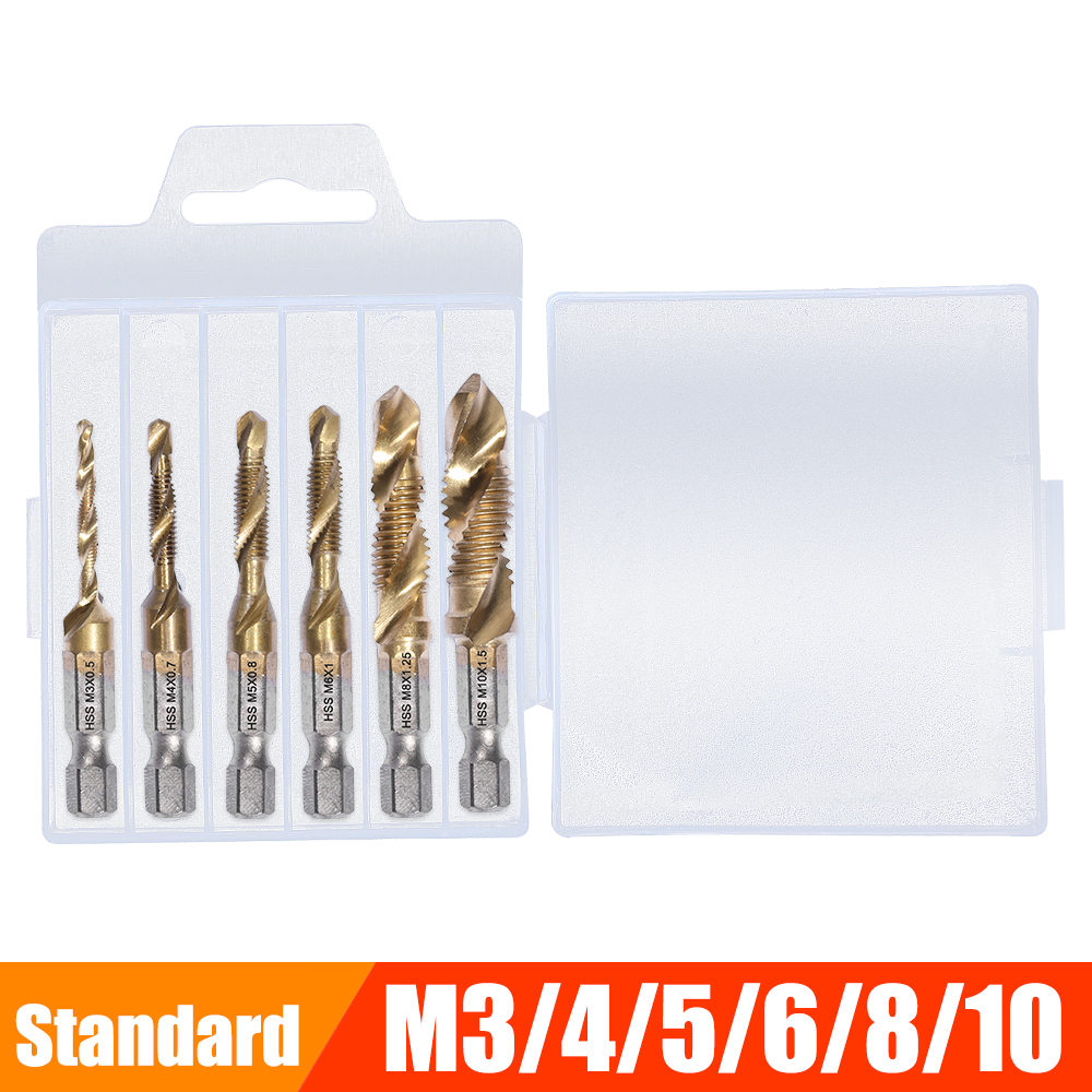 Metric Thread Tap Drill Bits Set Hex Shank HSS Titanium Plated Screw Thread Combination Drill Tap M3 M4 M5 M6 M8 M10 Hand Tools: 6 PCS Gold Standard