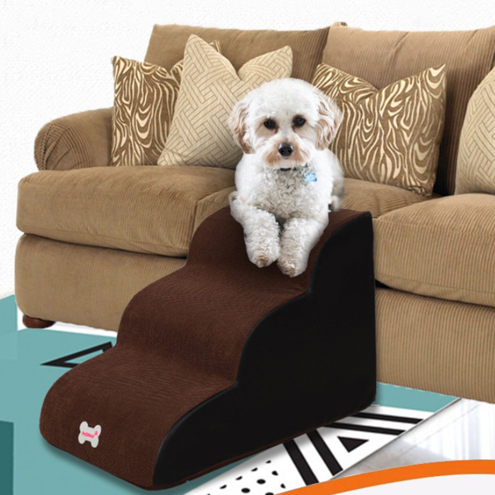 Pet Stairs for Dog and Cat Climbing Bed and Couch, Dog Steps 3 Step Ladder Staircase Indoor Ramp Corduroy Washable