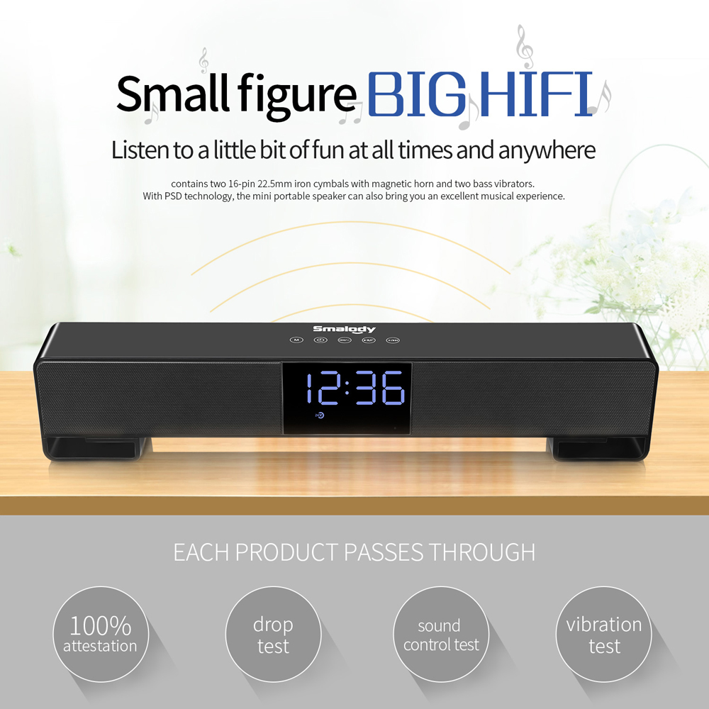 Smalody Bluetooth Speaker Portable Wireless Mini Sound Bar Dual Loudspeakers 10W with Alarm-clock LED Display Handsfree Call AUX