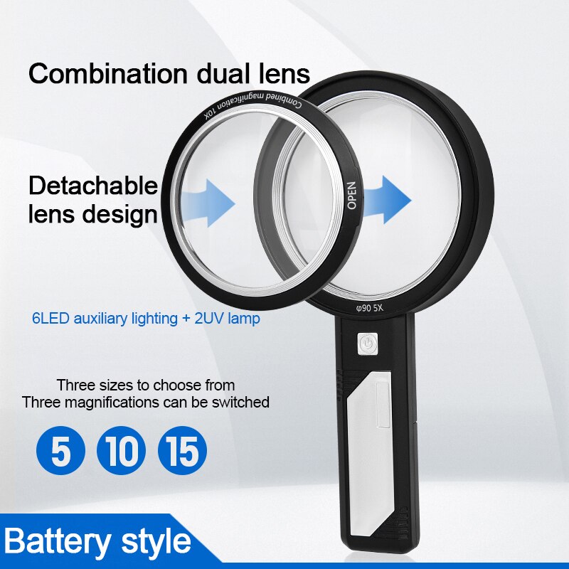 Lighted Magnifying Glass 5X 10X 15X Handheld Magnifying with 8 Led Lights, Optical Lens Illuminated Magnifier For Reading Repair