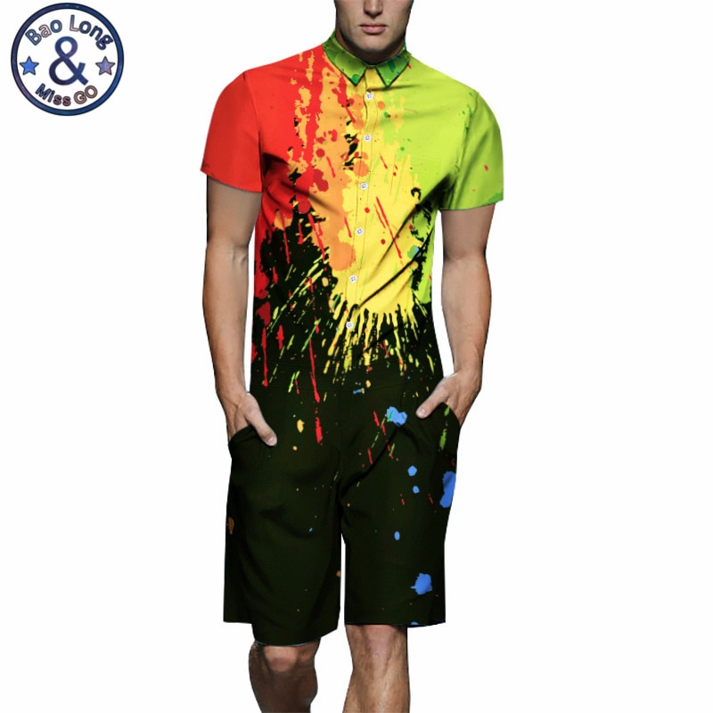 Mr.BaoLong Mens Rompers Ink print 3D Jumpsuits Summer Men Set Beach Party Short Sleeve Cargo Overalls One Piece Playsuit