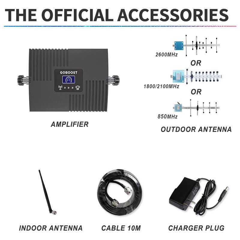 GOBOOST Cell Phone Signal Booster For 2G 3G CDMA 850 UMTS 2100 Repeater DCS 1800 LTE 4G 2600MHz Cellular Amplifier Antenna Kit