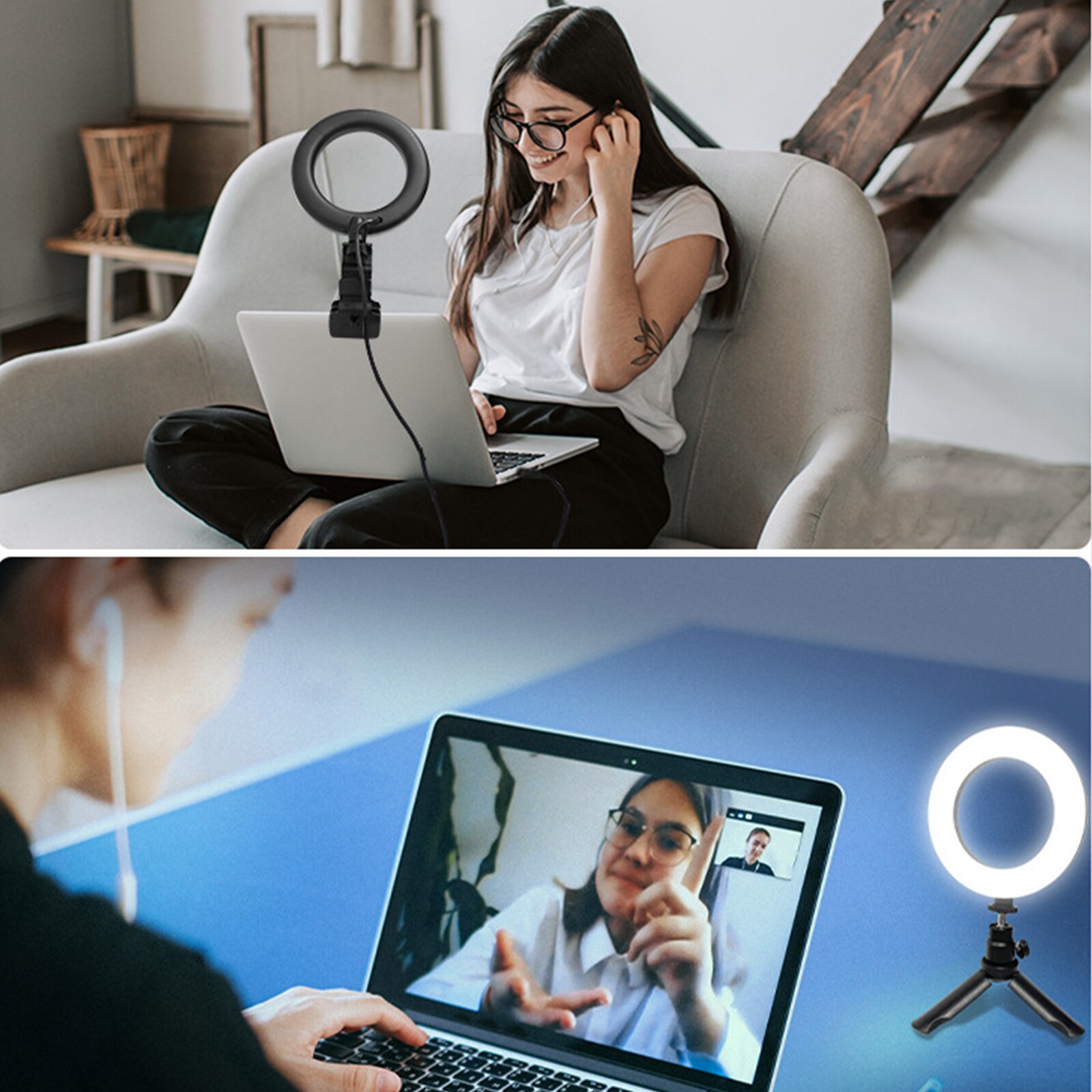 Broadcast Laptop LED Ring Bracket Fill Light with Clip Tripod Lighting for Online Class Video Live Make-Up Selfie Light Tiktok