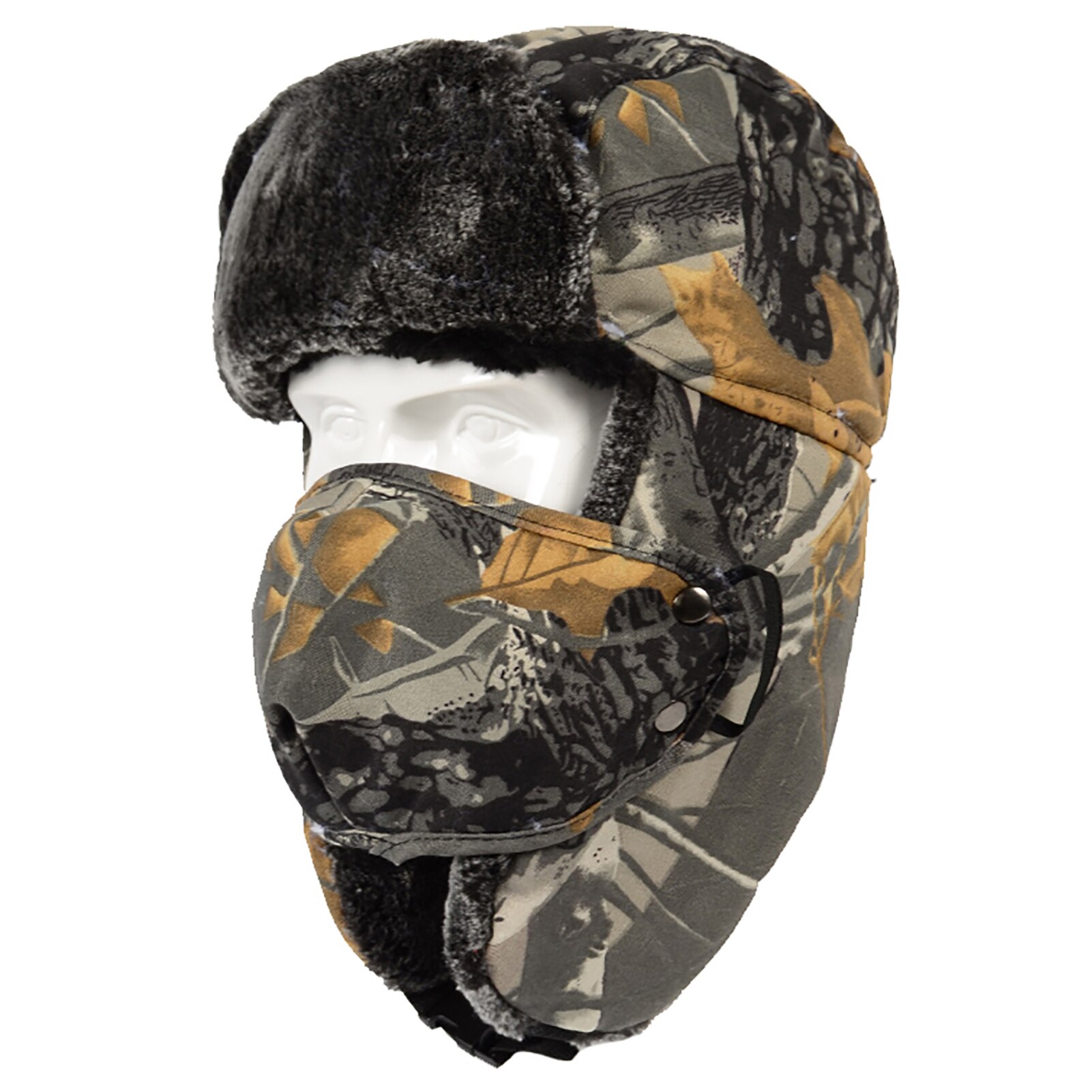 Unisex vinterhattehætte øreklappe fortykket fleeceforing aftageligt ansigtsdæksel vindtætte hatte: Sort