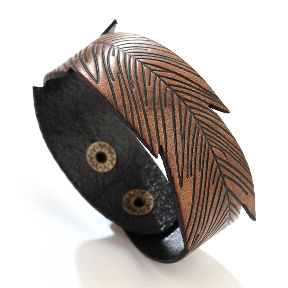 Vintage Pu Leer Mannen Armband Punk Veer Knop Manchet Armband Maat 23*3Cm: Brown