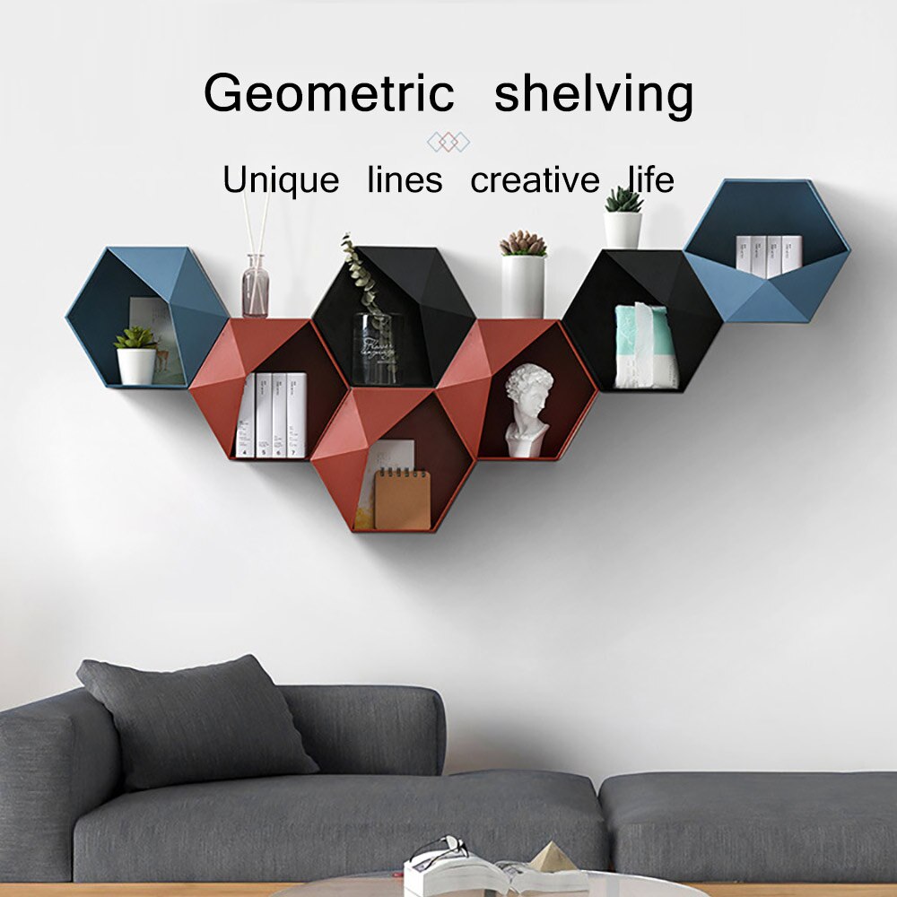 Scandinavische hexagon plank wandrek woonkamer aan de muur bevestigde geometrische ponsvrije wanddecoratie badkamer plank organizer