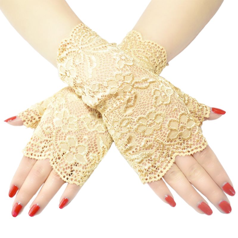 Guantes sin dedos de malla transparente para boda para mujer, manoplas brillantes de encaje Floral Jacquard: KH