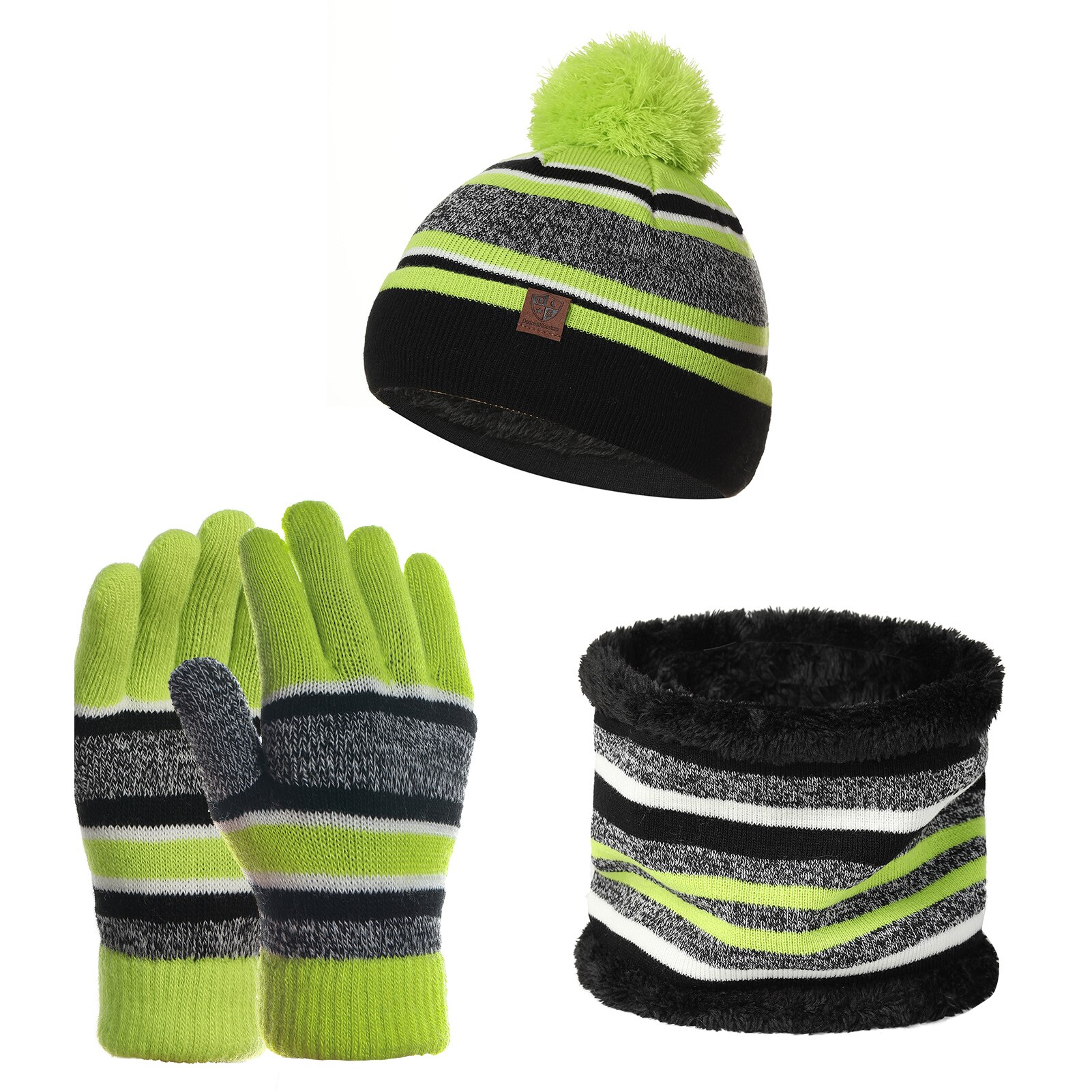Conjunto de guantes y gorros de invierno para niños, conjunto de 3 piezas de algodón y lana, con pompón de punto, cálido