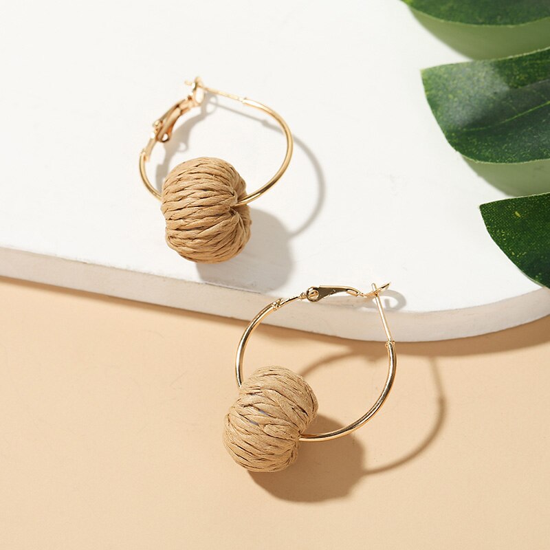 Simple Female Trendy Woven Vine Rattan Straw Earrings For Women Bohemian Boho Metal Round Circle Dangle Earring Jewelry