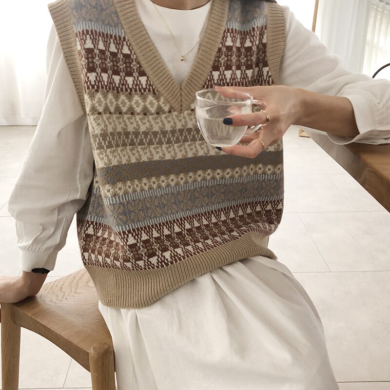 Chalecos mujer cuello pico Patchwork estilo pijo Coreano todo-fósforo mujer suelta Harajuku Chic sin mangas suéteres prendas de vestir Casual