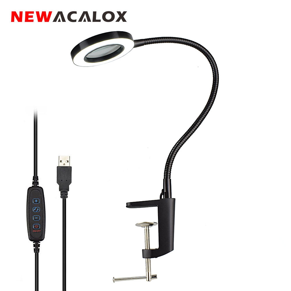 NEWACALOX USB 3X/5X banc étau Table pince loupe LED lumières Flexible lampe de bureau pour la lecture travail éclairage loupe
