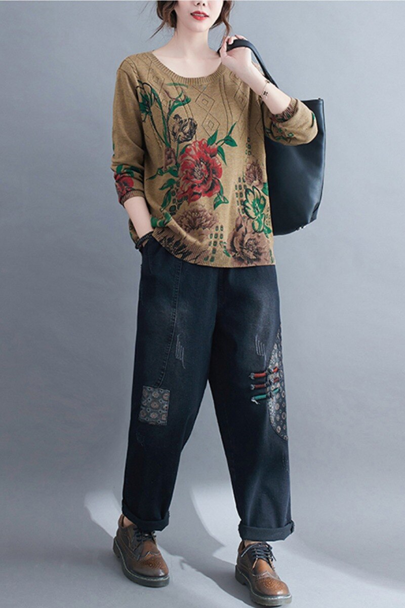 Suéteres de punto para mujer, ropa de manga larga con cuello redondo, estampado de Nuevas flores a la , talla grande, primavera y otoño