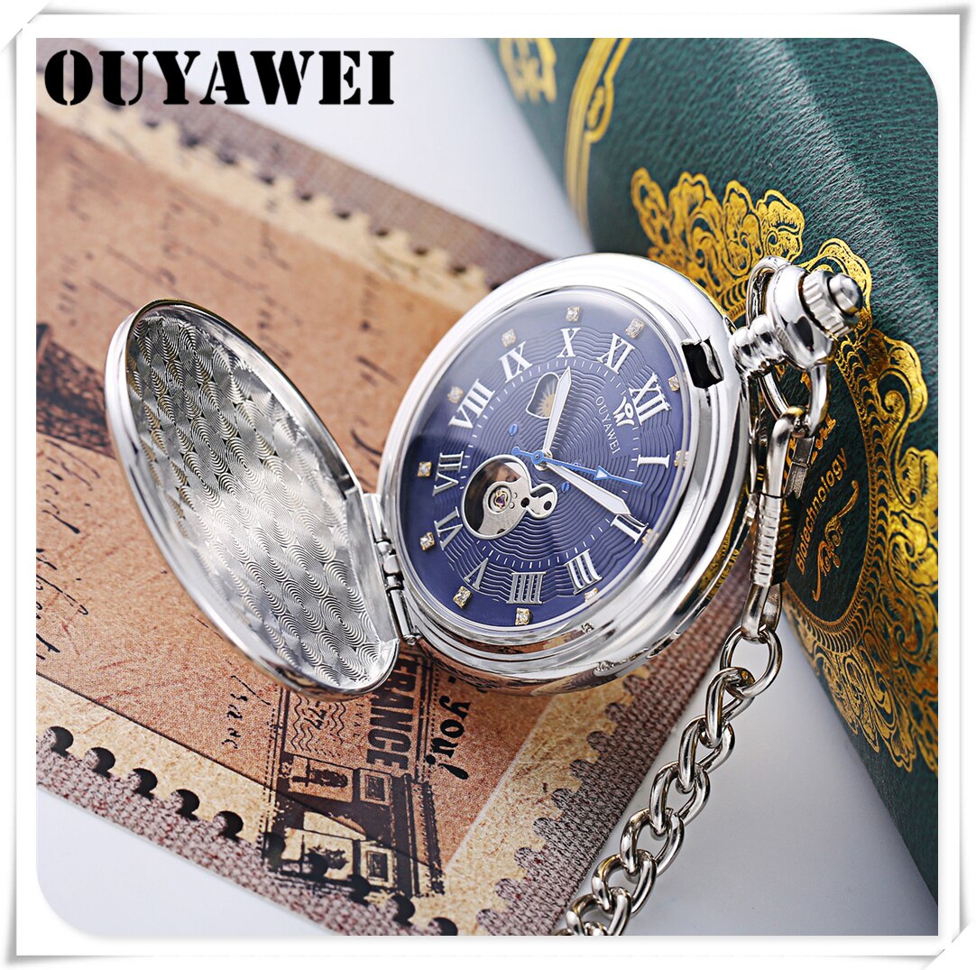 OUYAWEI Luxury Golden Moon Phase Mechanical Pocket Watch Roman Number Tourbillon Dial Pendant Chain Men Women