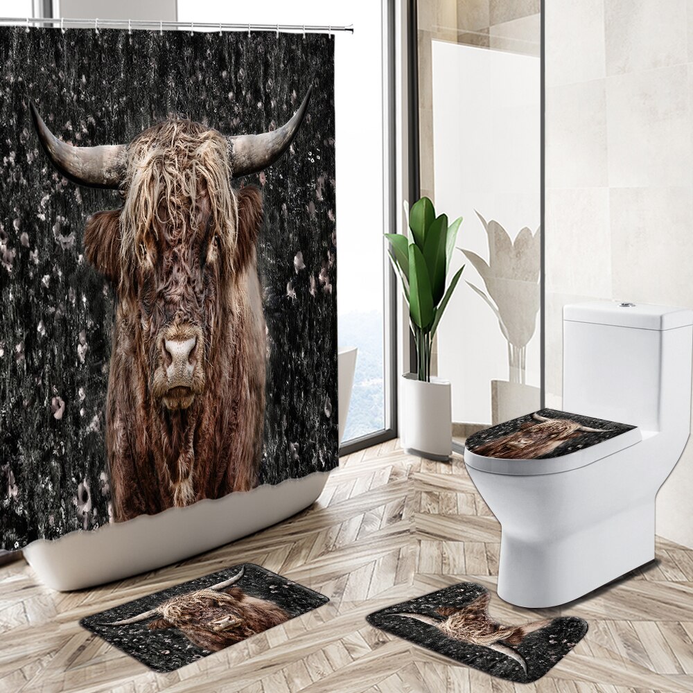 Tende da doccia per bovini dell&#39;altopiano Set da bagno per animali selvatici neve invernale scenario naturale tappeto antiscivolo per la casa tappetino per wc: 1045zy-4PCS Set