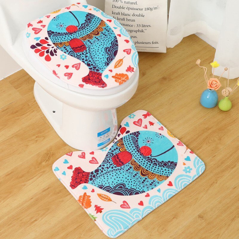 2 unids/set estilo de dibujos animados inodoro cubierta en forma de U-Mat de asiento de inodoro lavadora alfombra