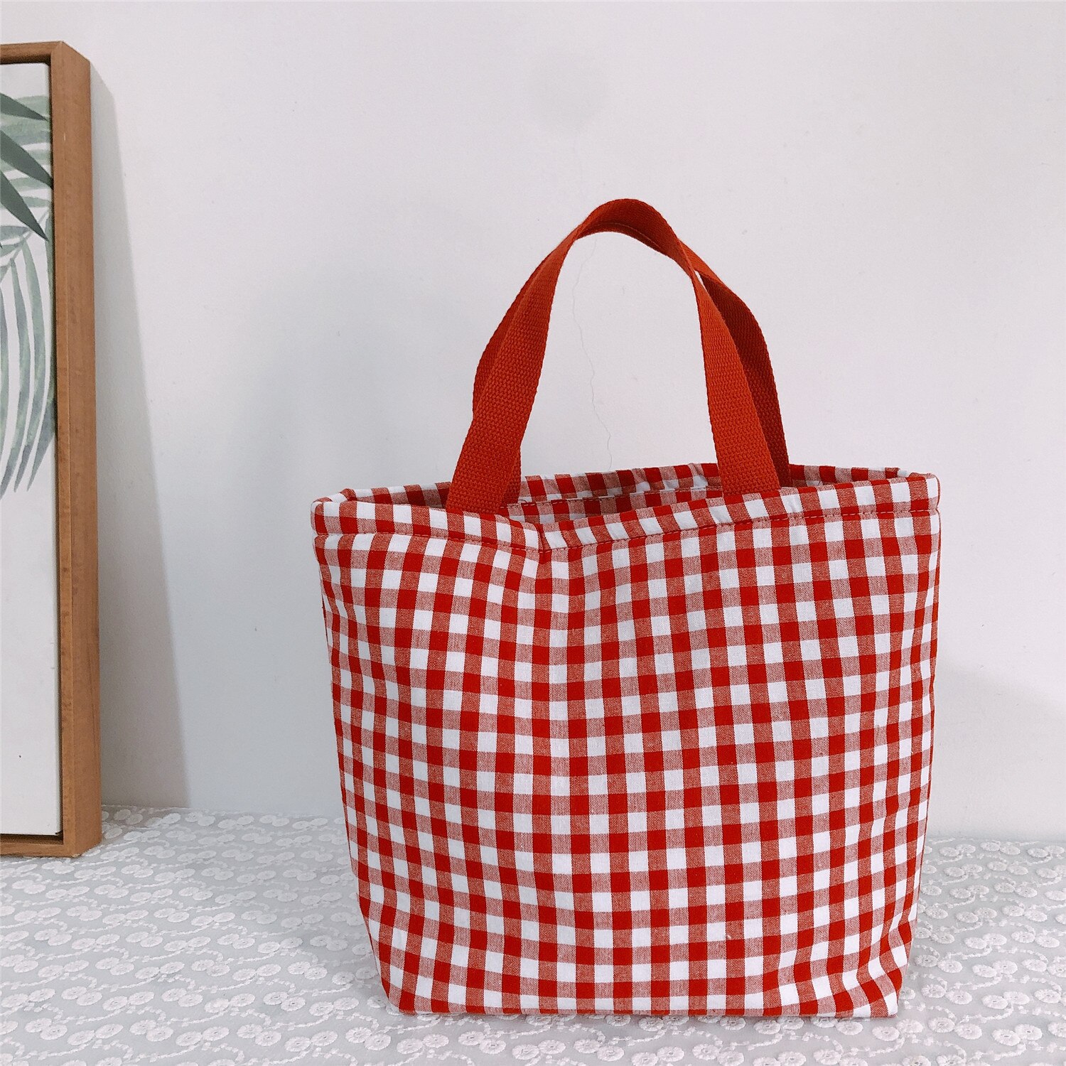 Saco de zíper de frutas almoço de pano portátil tote simples verificação pliad engrossado comida piquenique viagem conveniente almoço sacos para mulher: Red