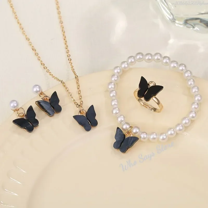Ensembles de bijoux papillon en cristal acrylique, Bracelet romantique, bague, collier, boucles d'oreilles, accessoires pour robe de dîner de mariage pour femmes
