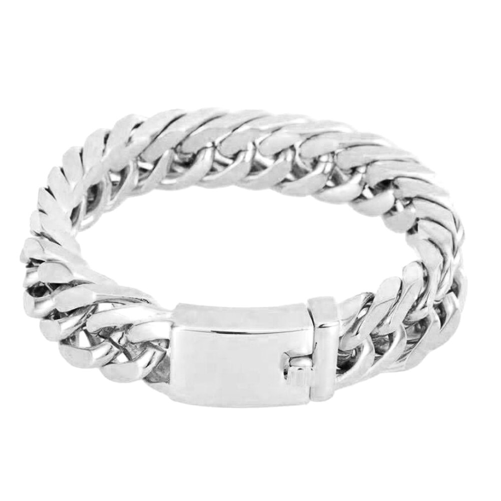 Rvs Curb Cubaanse Link Chain Armbanden Kettingen Punk Mannen Dubbele Gesp Armband Unisex Armbanden Pols Sieraden 14Mm: silver